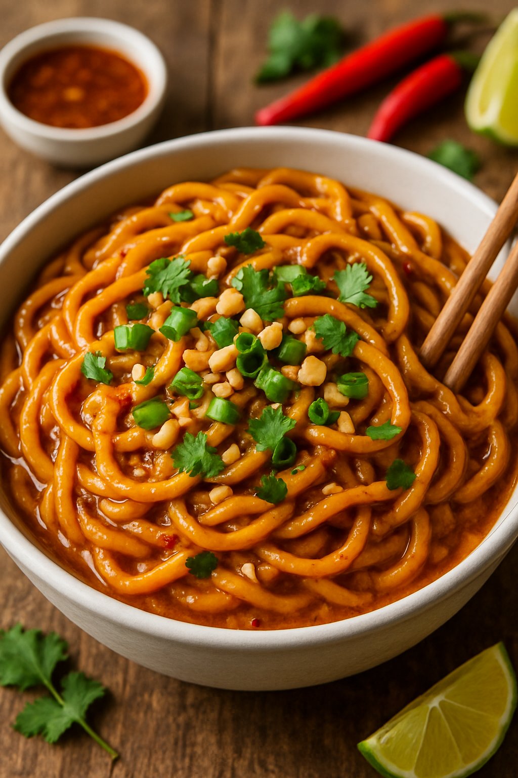 A bowl of spicy peanut noodles garnished with green onions, crushed peanuts, and cilantro on a wooden table with chopsticks and fresh ingredients in the background.
