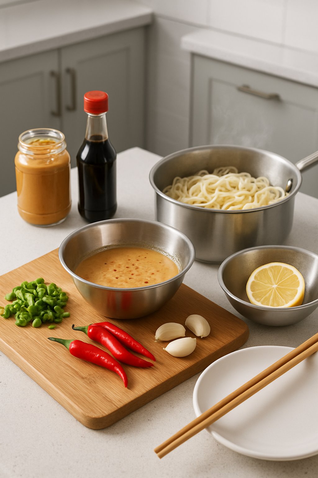 Kitchen countertop with ingredients and equipment for making spicy peanut noodles, including chopped vegetables, peanut sauce, cooked noodles, and utensils.