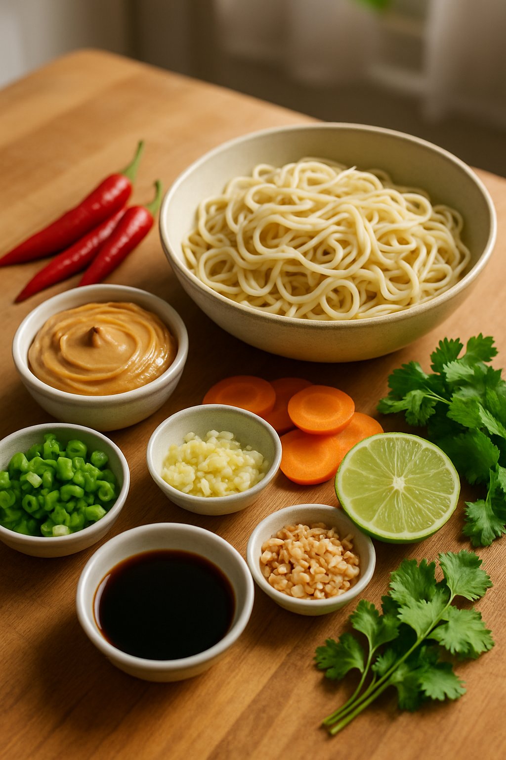 A variety of fresh ingredients for spicy peanut noodles arranged on a wooden countertop, including noodles, peanut butter, chili peppers, green onions, garlic, carrots, lime, soy sauce, peanuts, and cilantro.