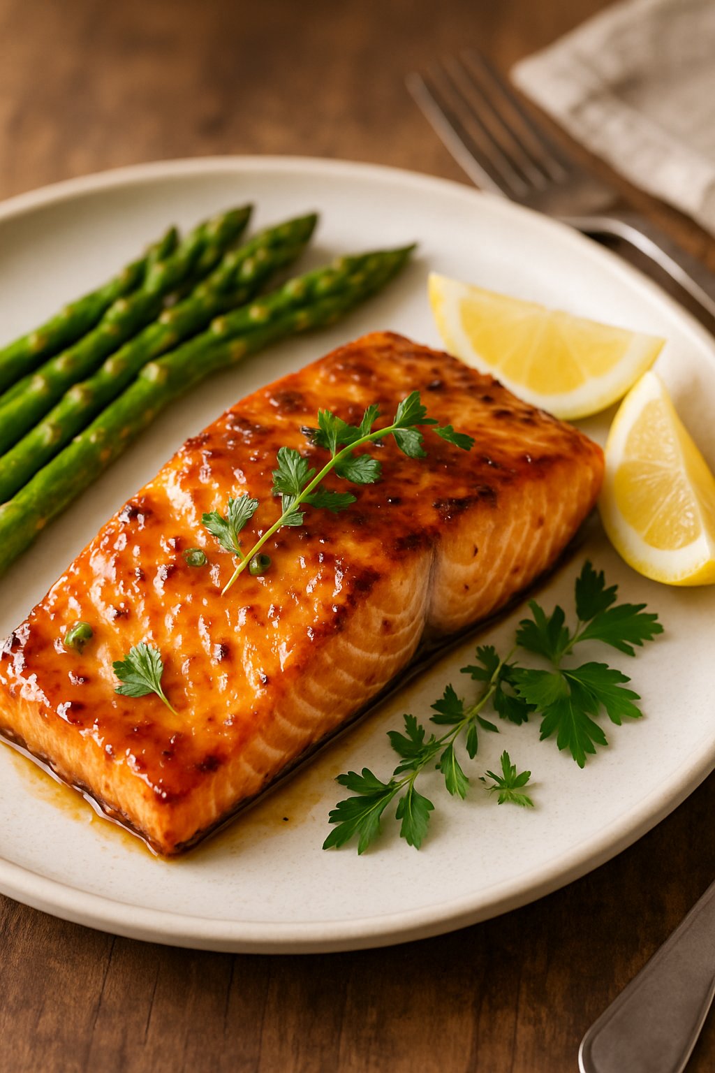 A plated salmon fillet with a maple Dijon glaze, garnished with herbs, roasted asparagus, and lemon wedges on a white plate.