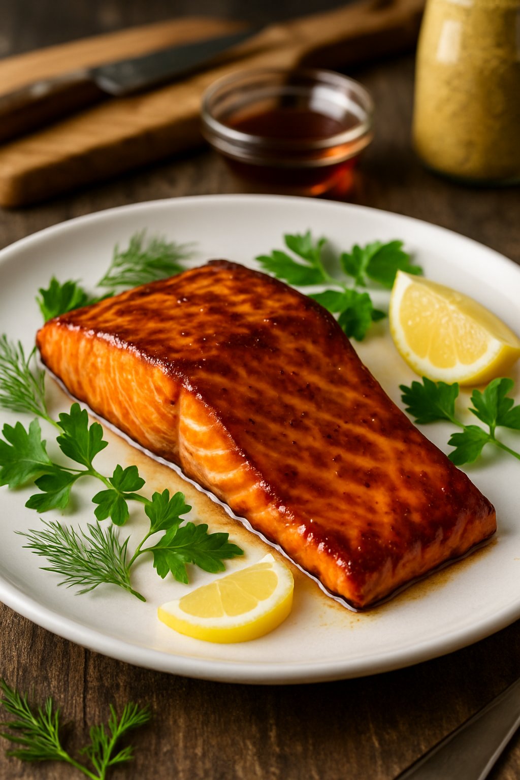 A glazed salmon fillet on a white plate garnished with herbs and lemon wedges on a wooden table with cooking ingredients in the background.