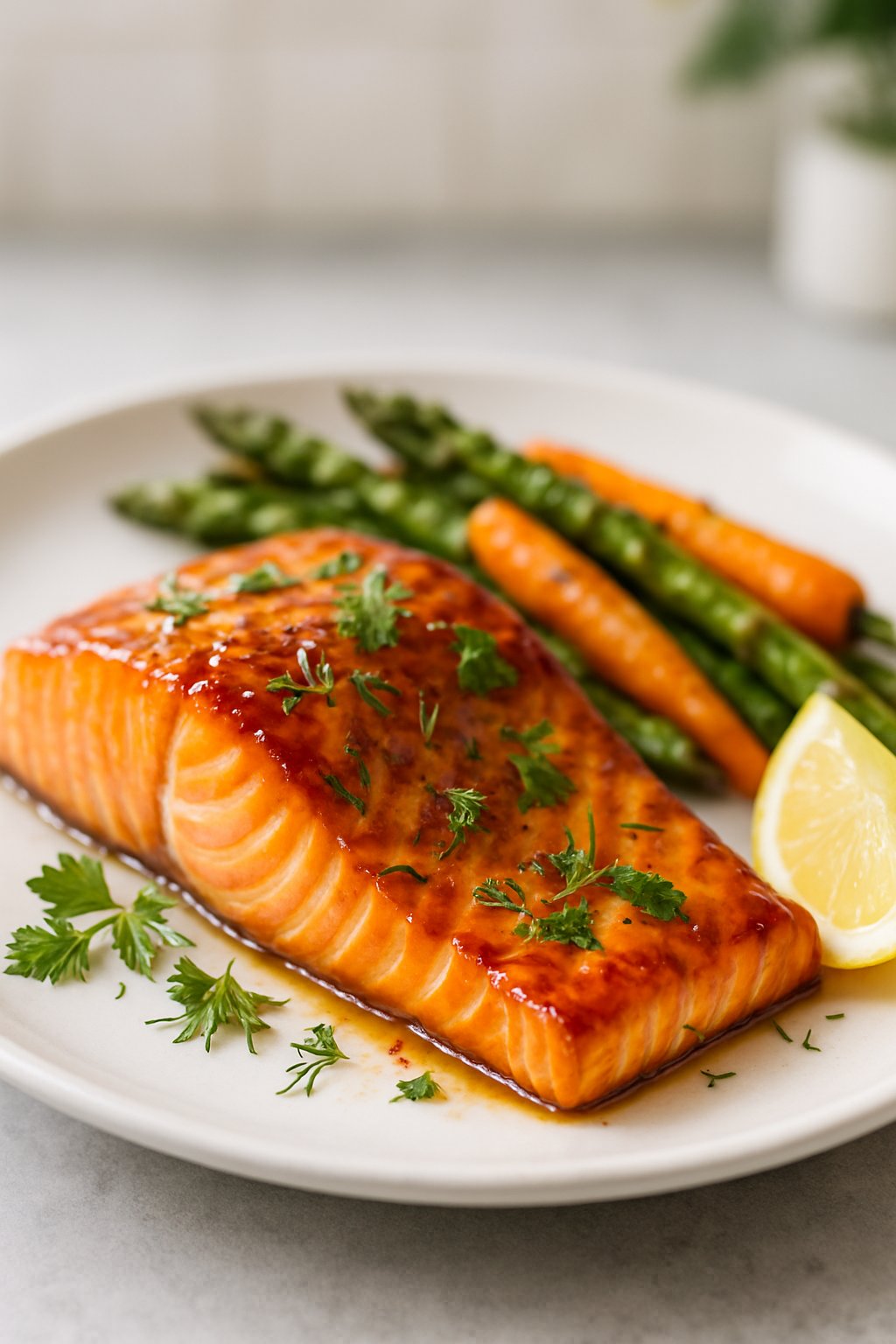 A plated salmon fillet glazed with a maple Dijon sauce, garnished with herbs, served with roasted vegetables and lemon on a white plate.