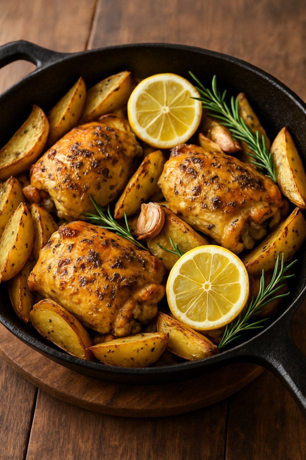 A skillet with roasted chicken thighs and potato wedges garnished with lemon slices and rosemary.