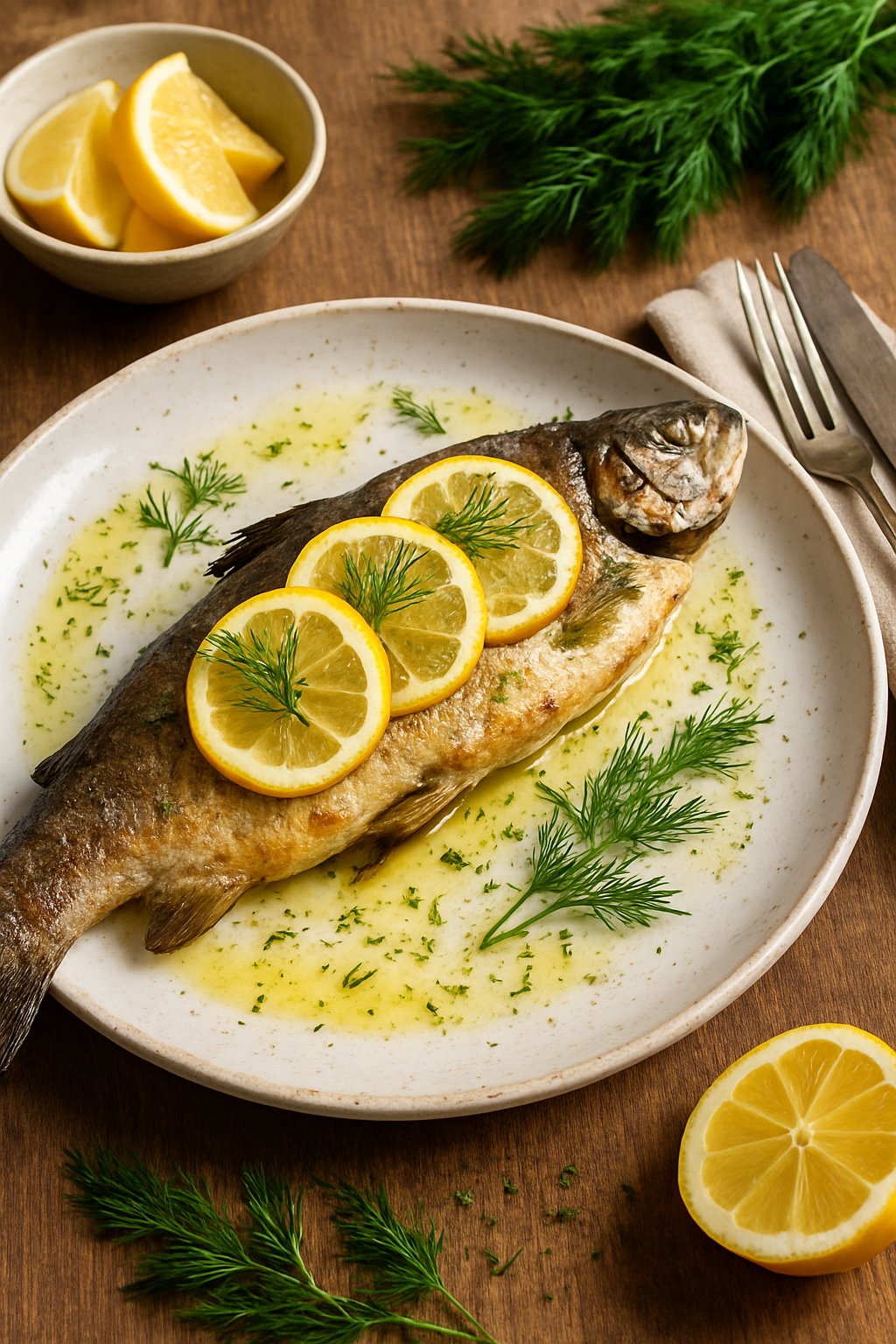 A whole baked trout garnished with lemon slices and fresh dill on a white plate set on a wooden table.