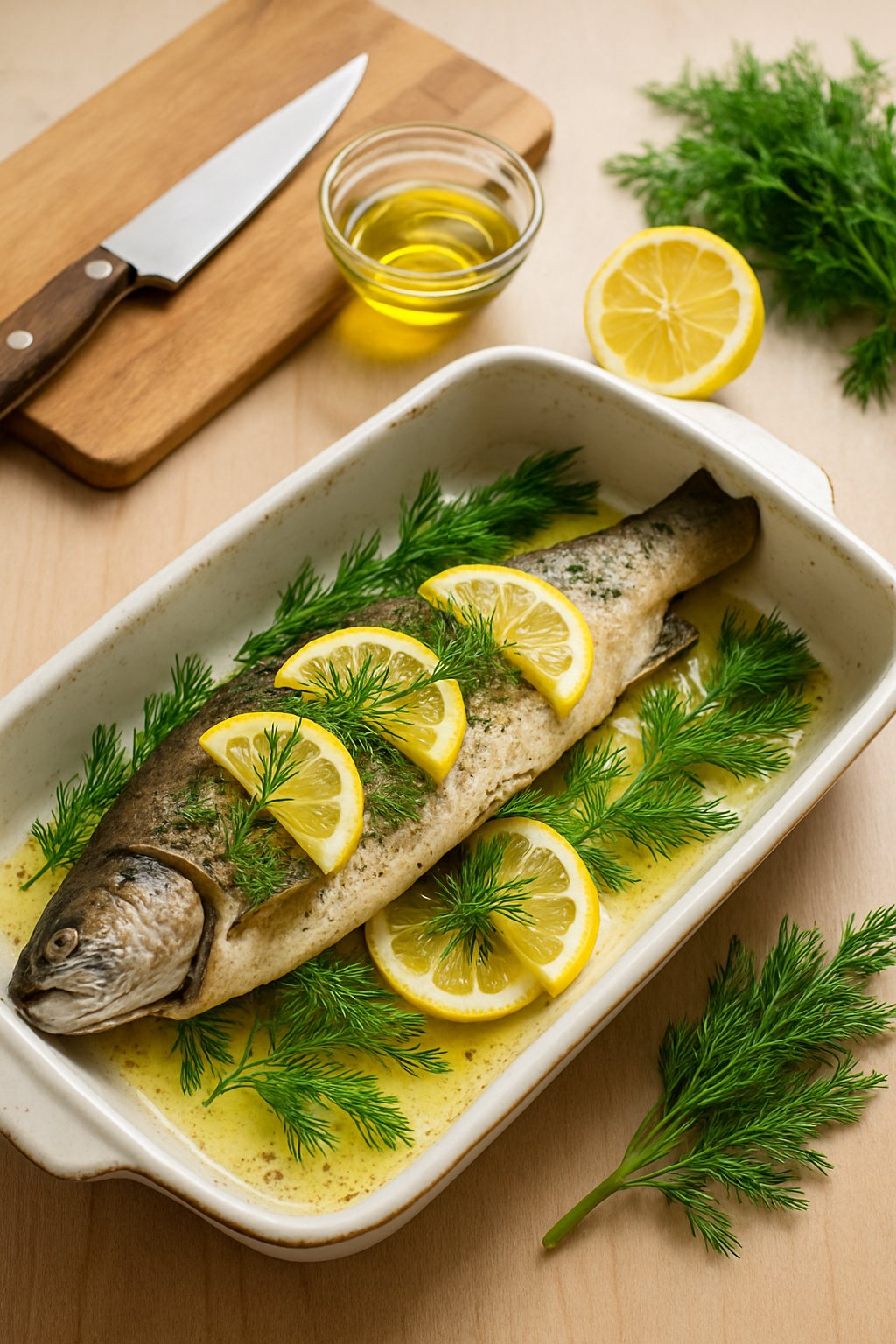 A baked whole trout garnished with lemon slices and dill on a white baking dish, surrounded by kitchen tools including a cutting board, knife, lemon, and fresh dill on a wooden countertop.