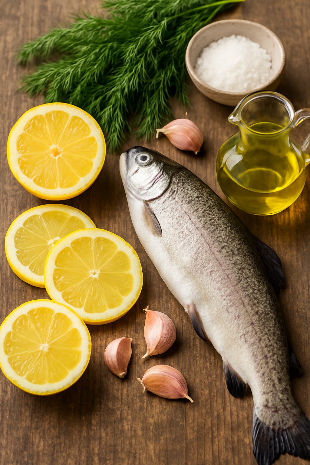 Fresh ingredients for lemon dill baked trout arranged on a wooden surface including a whole trout, lemon slices, dill, garlic, salt, and olive oil.