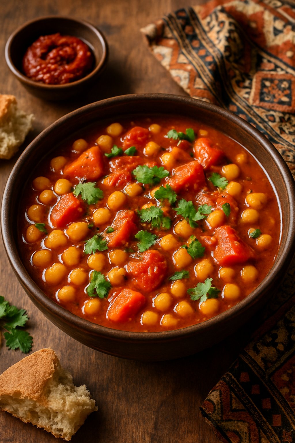 A bowl of Moroccan chickpea stew with vegetables and herbs on a wooden table, accompanied by bread and a small dish of spices.