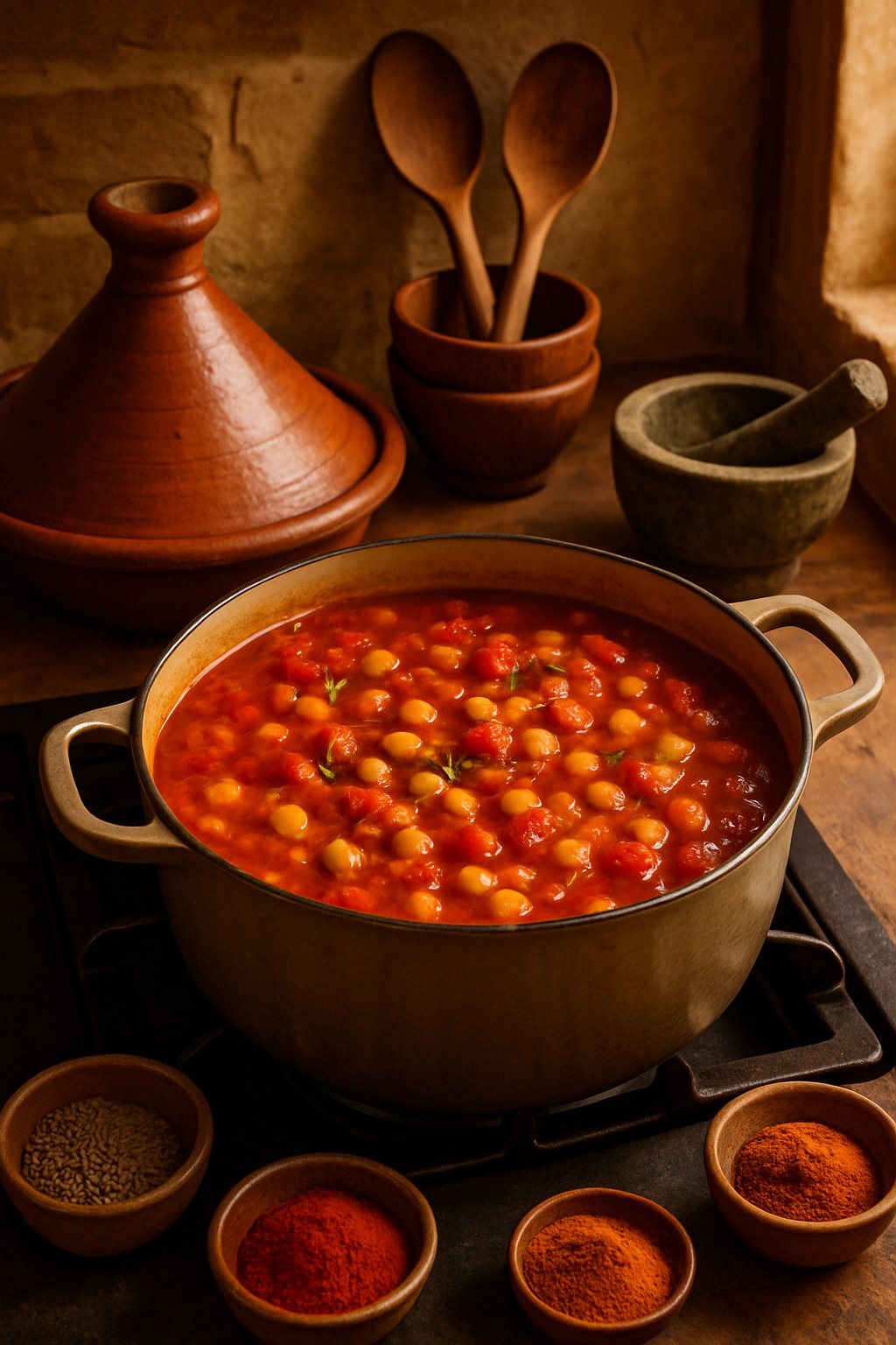 A pot of Moroccan chickpea stew cooking on a stove surrounded by traditional cooking equipment and spices in a kitchen.