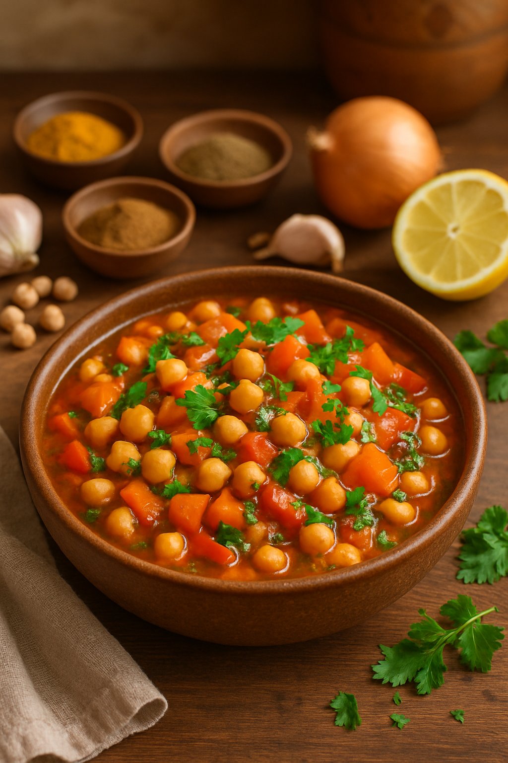 A bowl of Moroccan chickpea stew with chickpeas, vegetables, and herbs on a wooden table surrounded by fresh ingredients and spices.