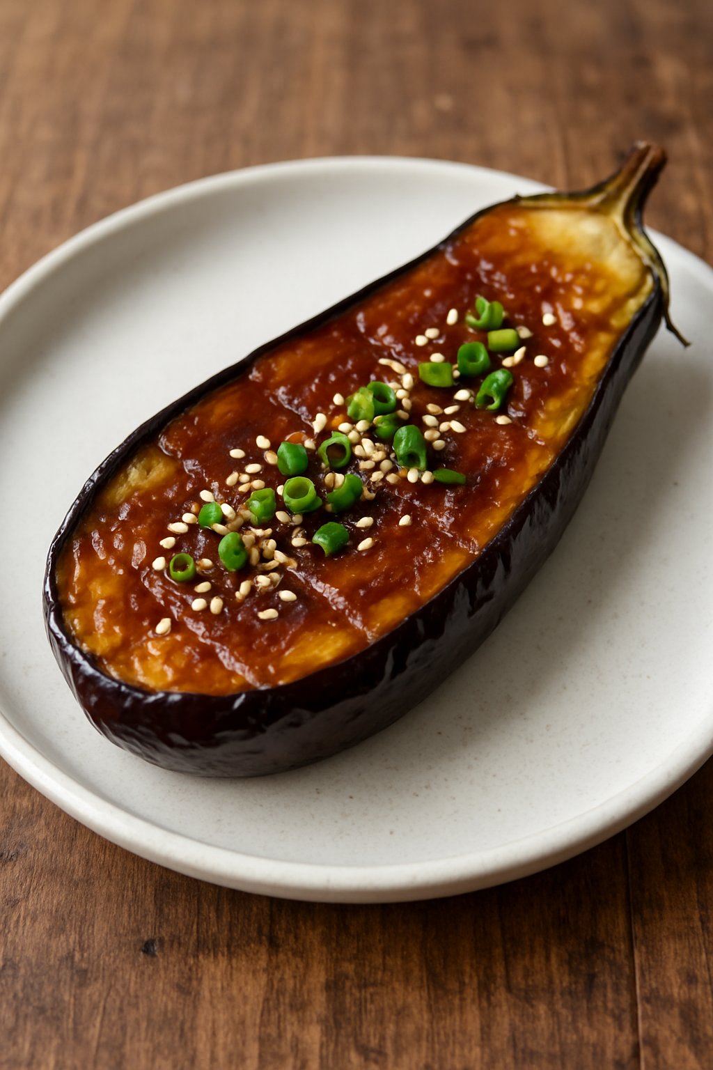 A plate of miso glazed eggplant garnished with green onions and sesame seeds on a wooden table.