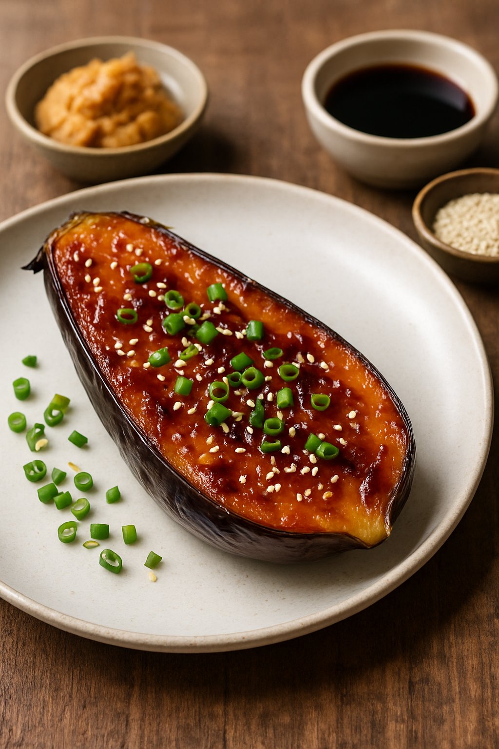 A plate of sliced miso glazed eggplant garnished with green onions and sesame seeds on a wooden table with small bowls of ingredients in the background.