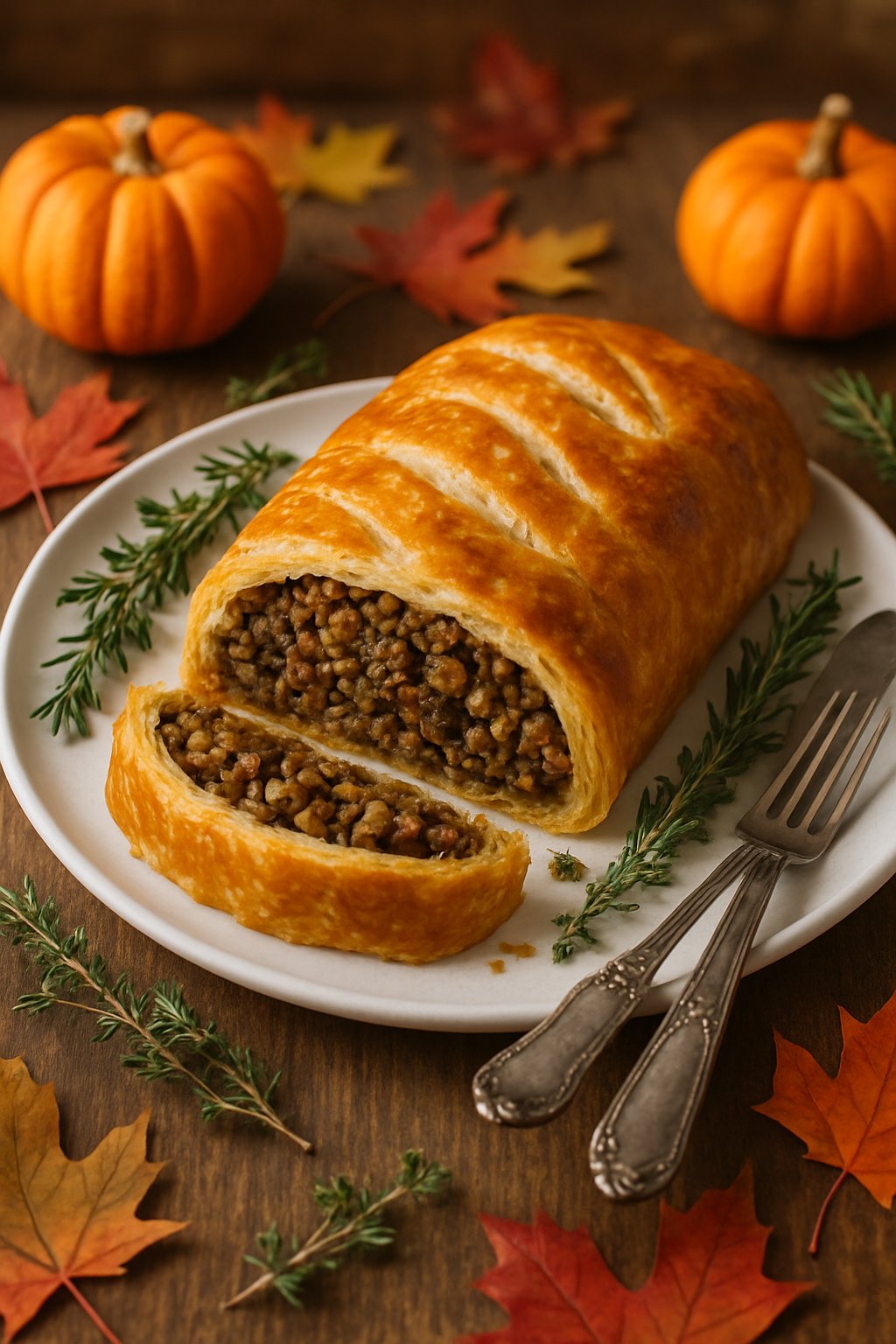 A sliced lentil and mushroom Wellington on a white plate surrounded by autumn decorations on a wooden table.