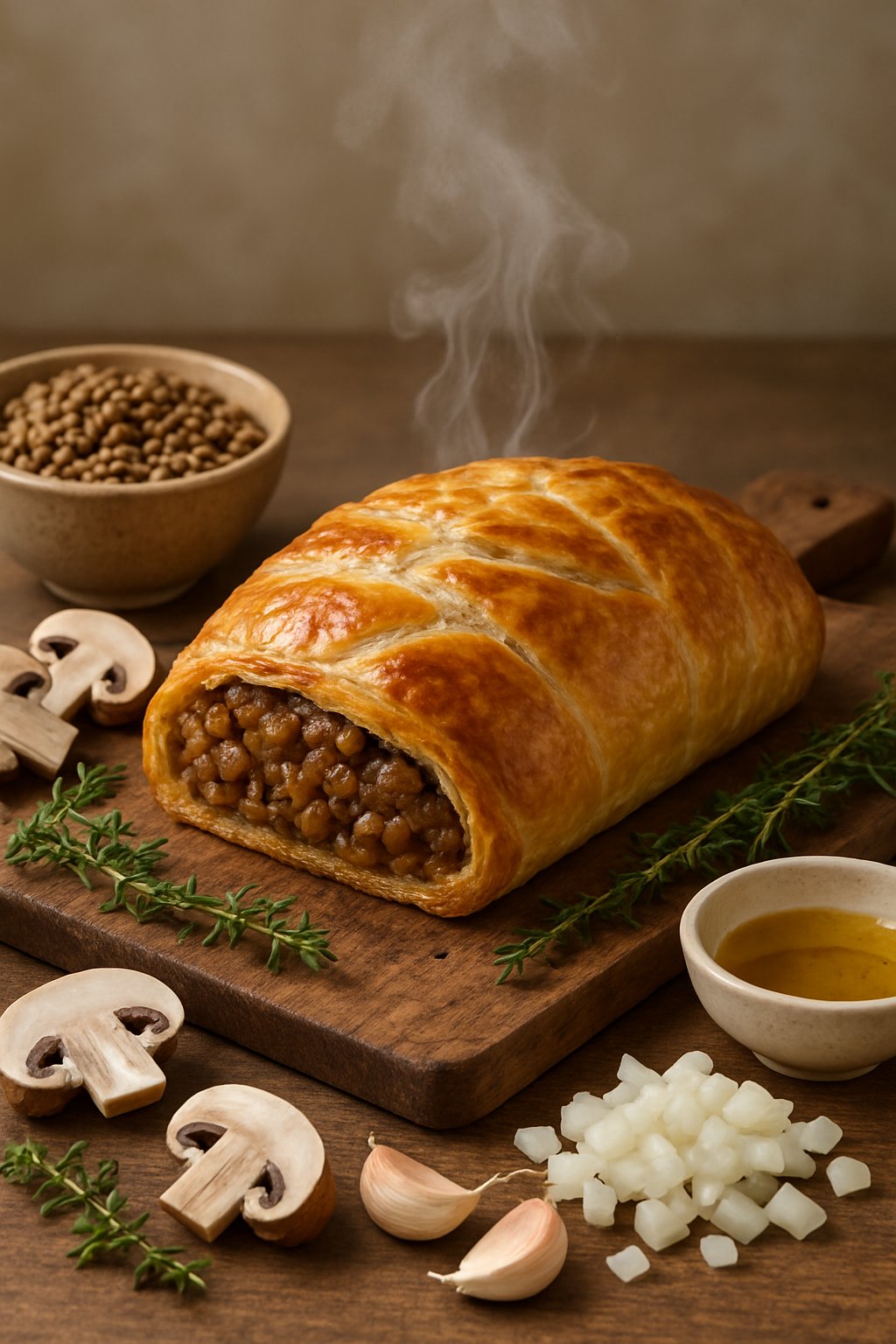 A golden baked lentil and mushroom Wellington on a wooden board surrounded by fresh ingredients including lentils, mushrooms, garlic, and herbs.