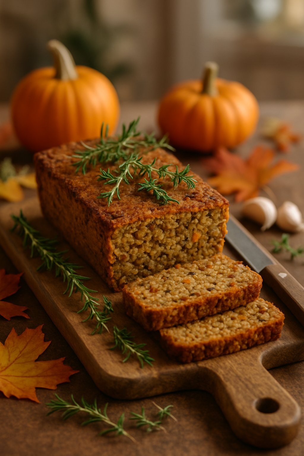 A freshly baked savory lentil loaf on a wooden cutting board with autumn decorations around it.