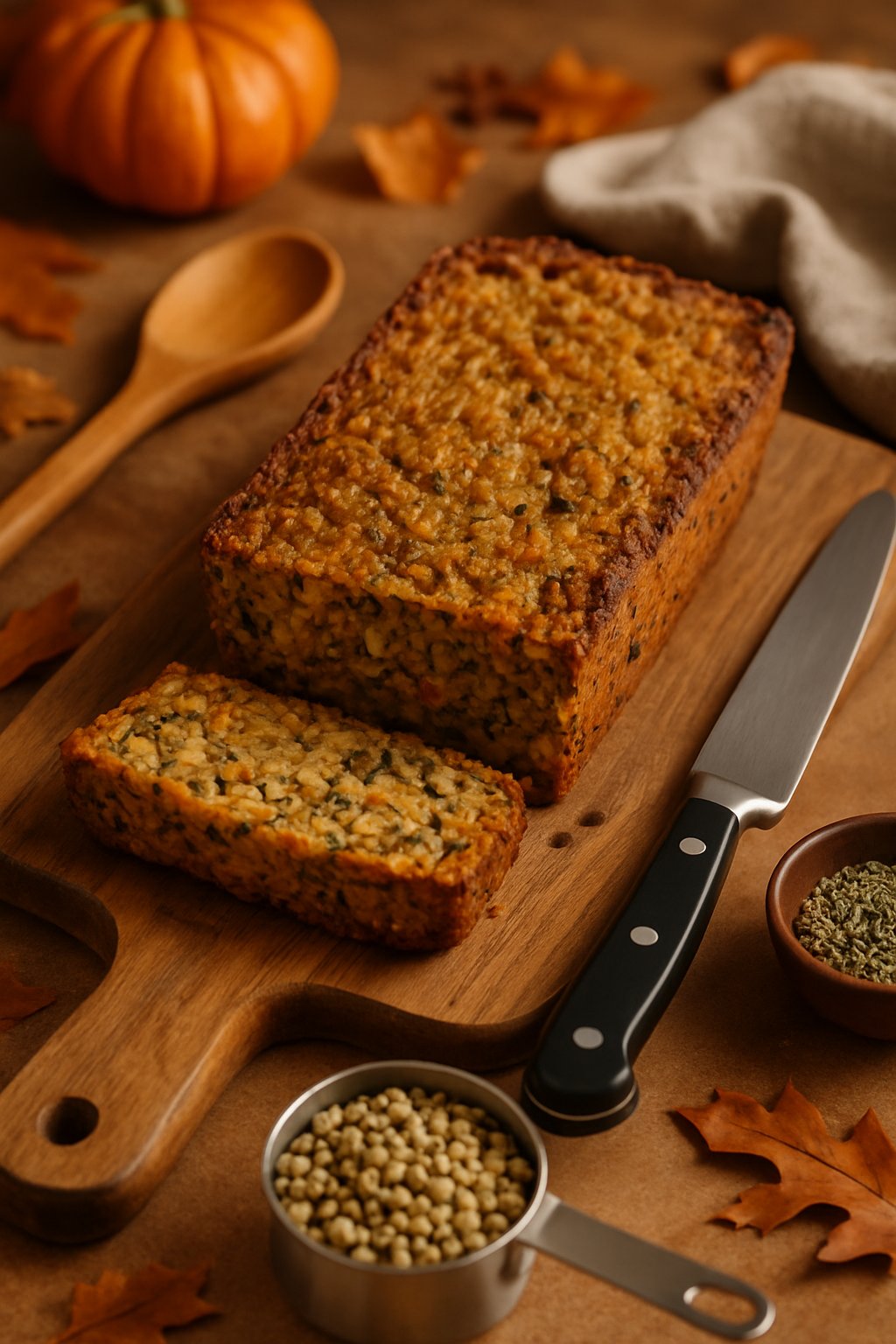 A freshly baked savory lentil loaf sliced on a wooden cutting board surrounded by kitchen utensils and autumn decorations.