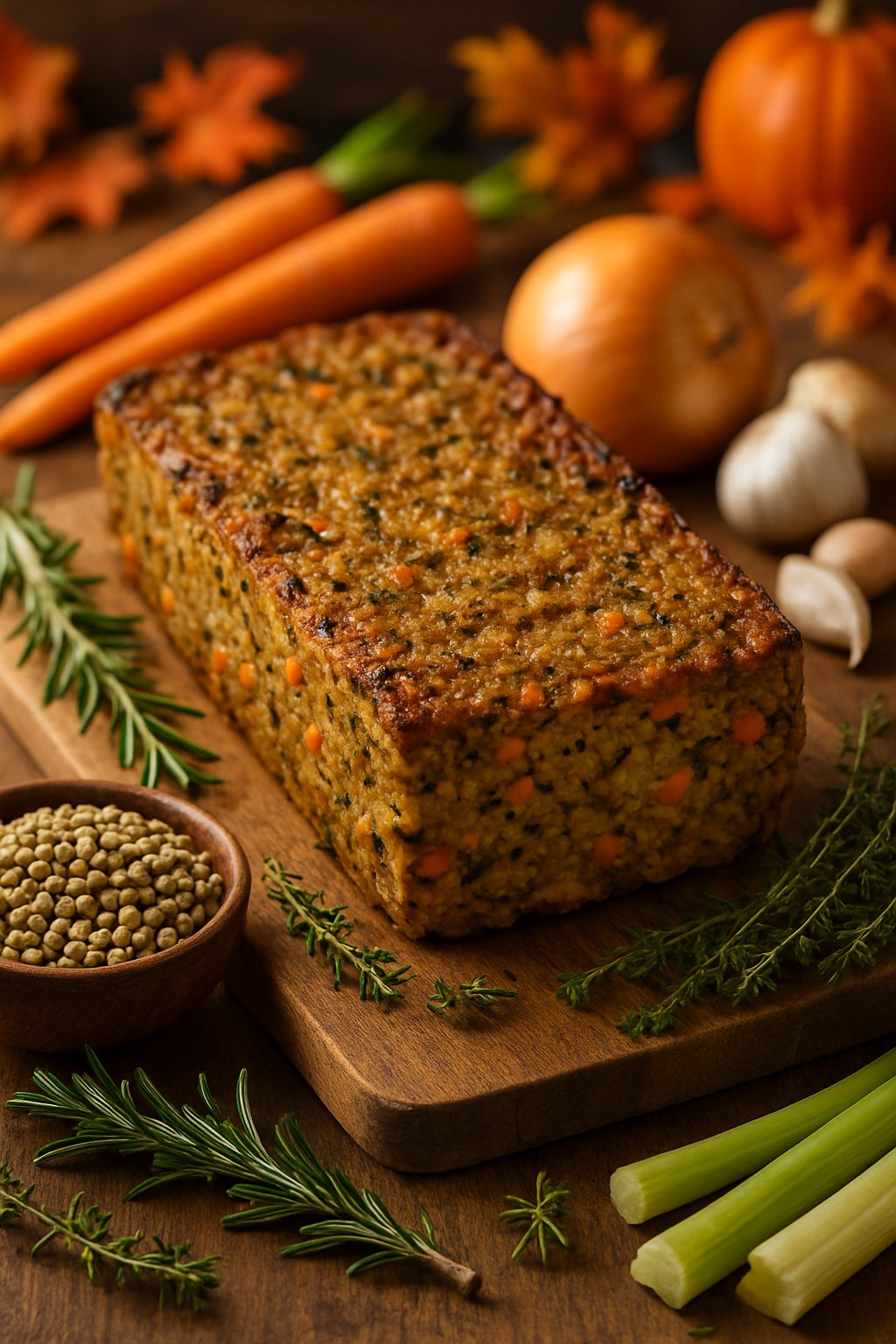 A savory lentil loaf on a wooden cutting board surrounded by fresh vegetables and herbs on a kitchen table.