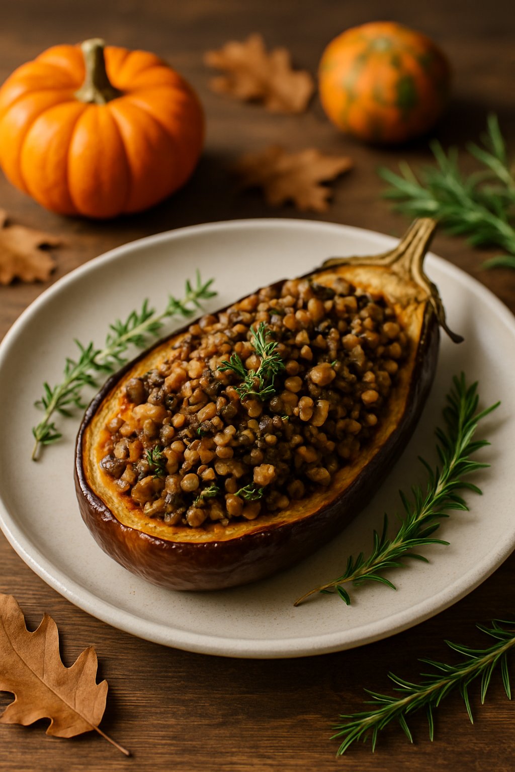 A halved roasted eggplant stuffed with lentils and walnuts, served on a wooden table with autumn decorations.