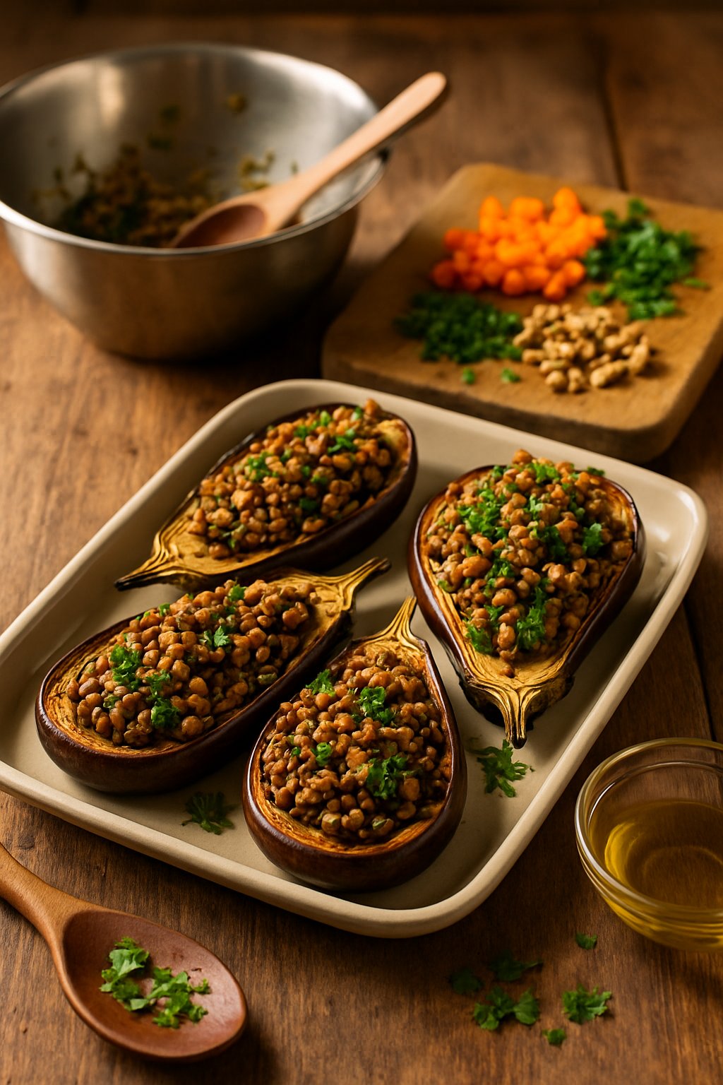 A wooden table with roasted eggplants stuffed with lentils and walnuts, surrounded by cooking utensils and ingredients.