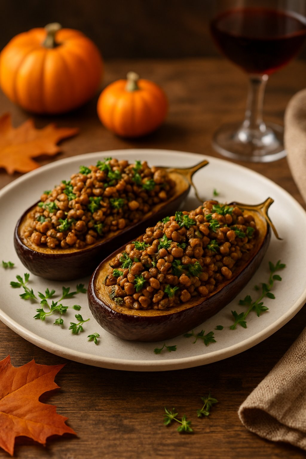 A plate with roasted eggplant halves stuffed with lentils and walnuts, garnished with fresh herbs, on a wooden table with autumn decorations.