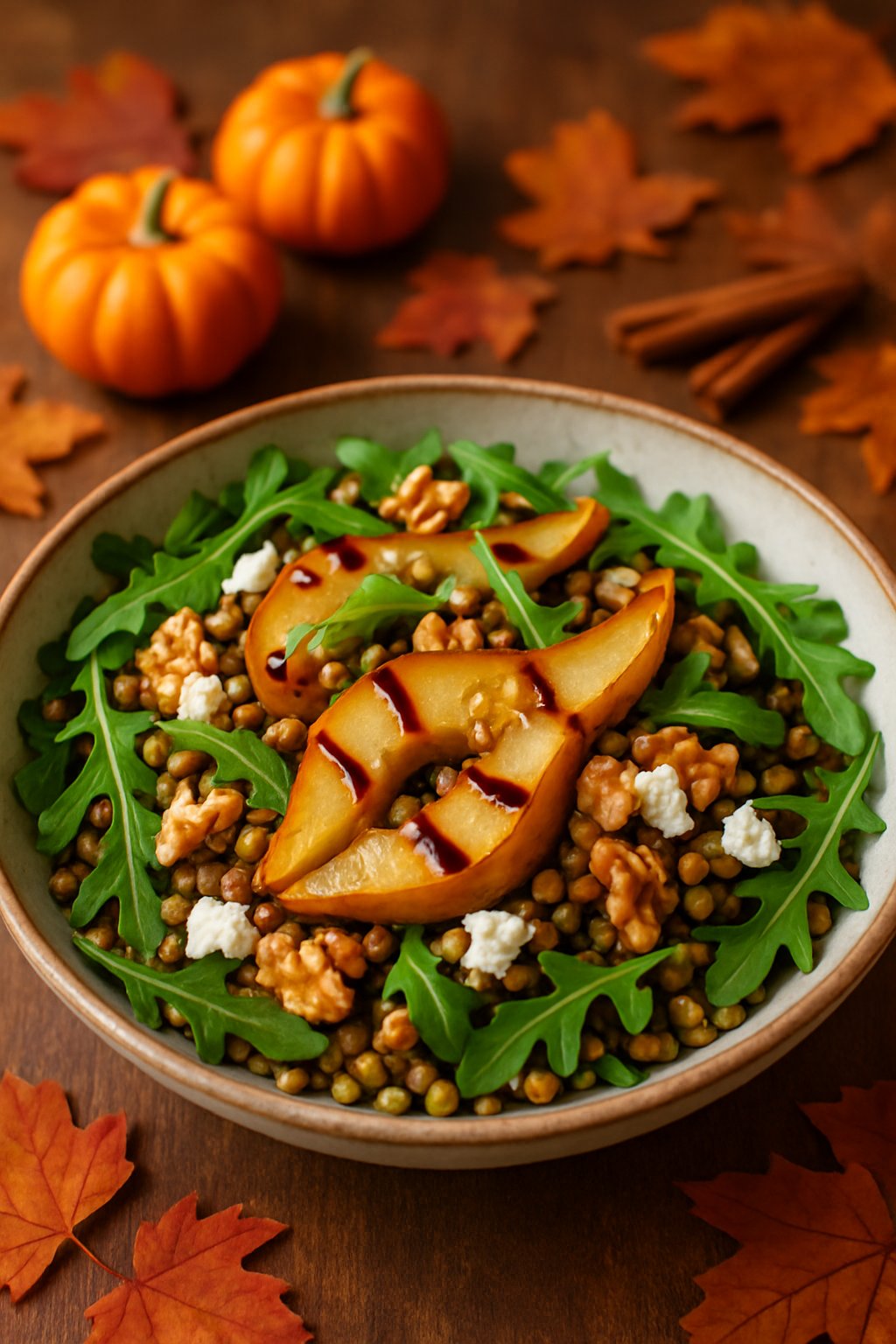 A bowl of lentil and roasted pear salad with arugula, walnuts, and cheese on a wooden table with autumn decorations.
