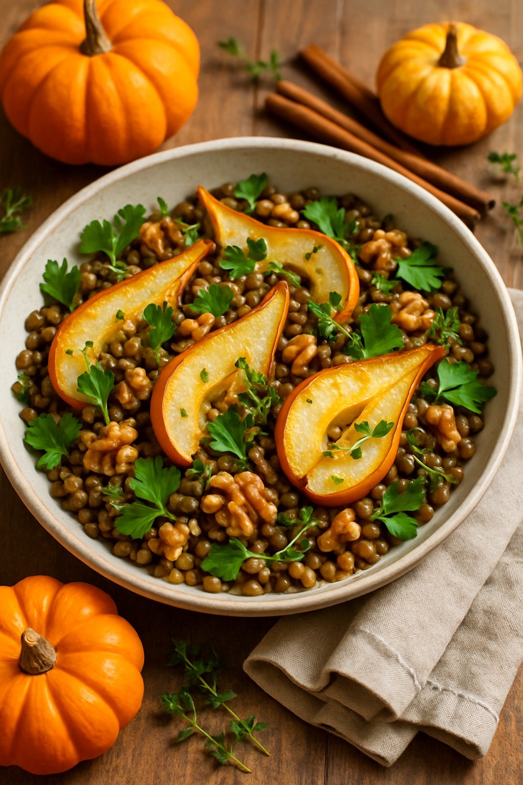 A bowl of lentil salad with roasted pear slices, fresh herbs, and walnuts on a wooden table with autumn decorations.