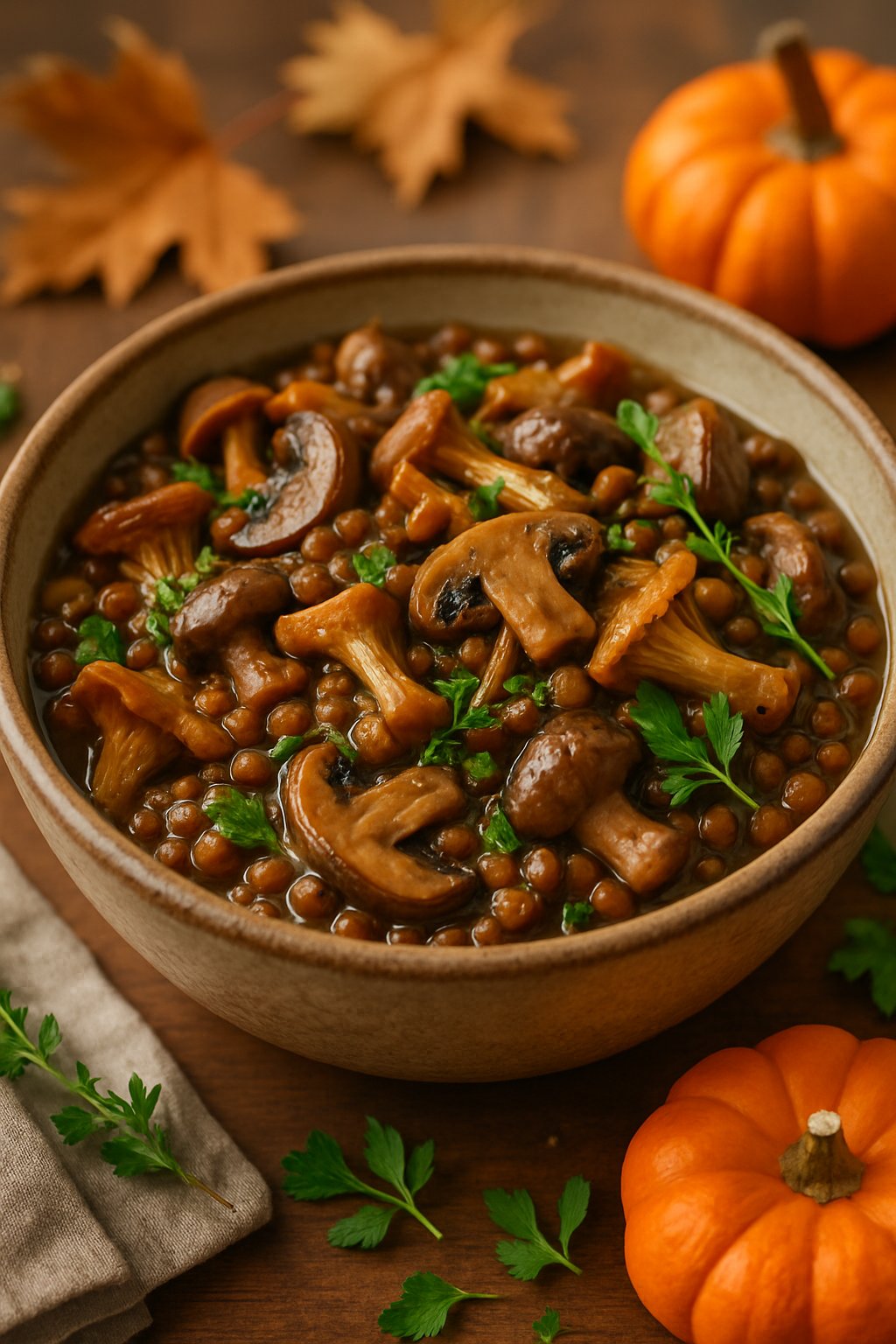 A bowl of lentil and wild mushroom ragout garnished with herbs on a wooden table with autumn decorations.