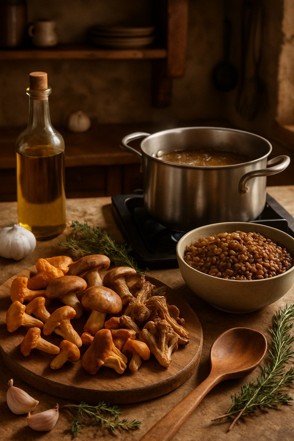 A kitchen counter with ingredients and equipment for making lentil and wild mushroom ragout, including mushrooms, lentils, herbs, a pot on the stove, and cooking utensils.