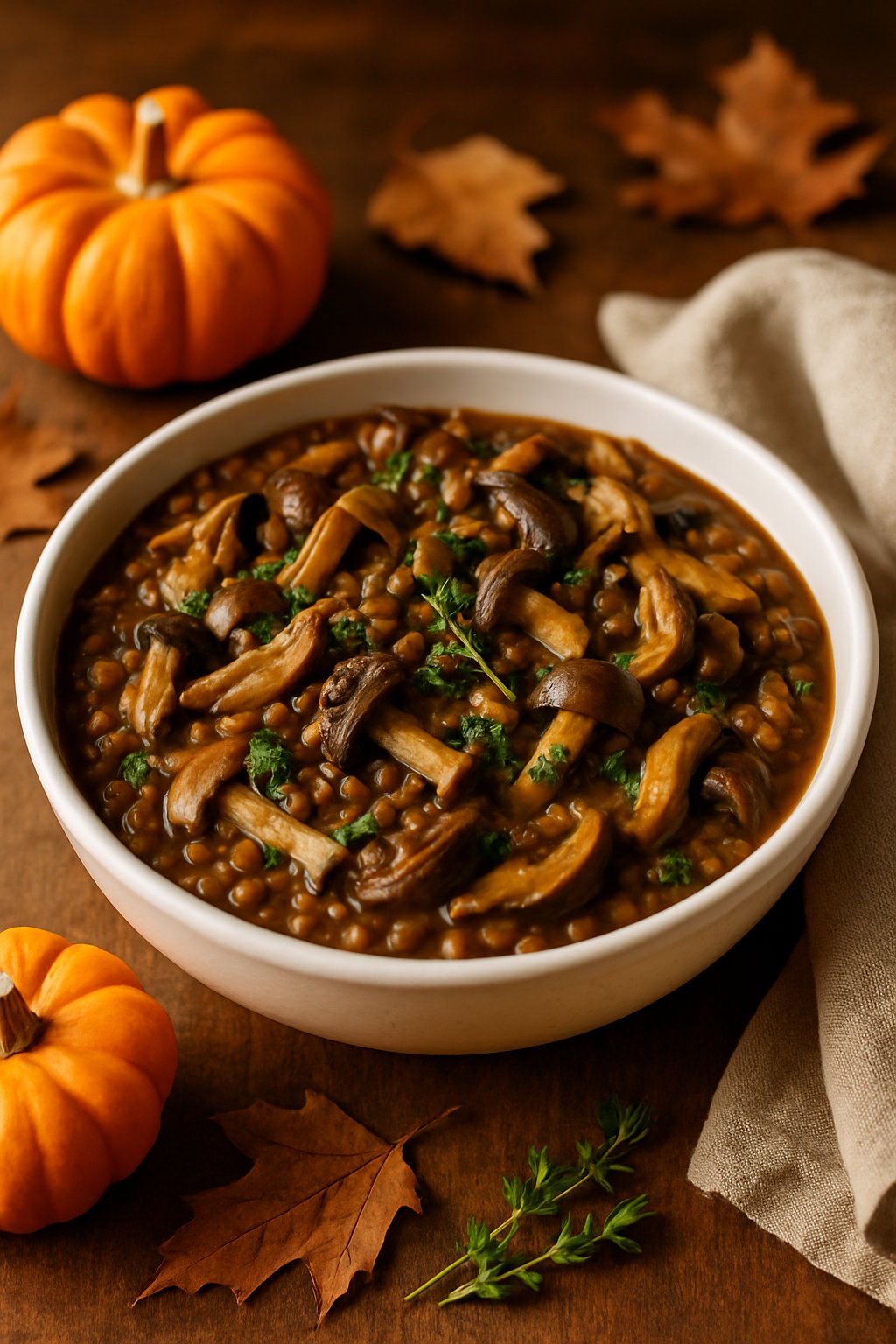 A bowl of lentil and wild mushroom ragout on a wooden table surrounded by autumn decorations.