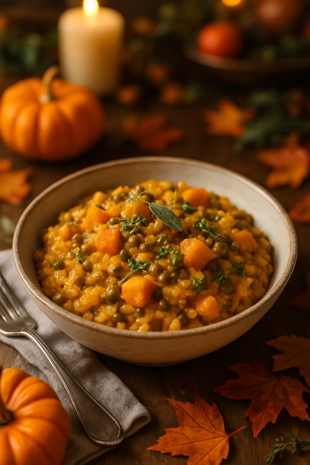 A bowl of lentil and butternut squash risotto on a wooden table with autumn decorations and a Thanksgiving table setting in the background.