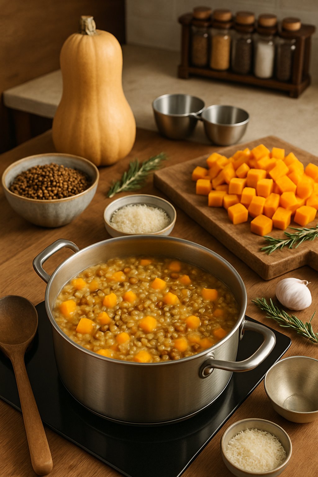 A kitchen scene with a pot of butternut squash and lentil risotto cooking on the stove surrounded by cooking utensils and fresh ingredients.