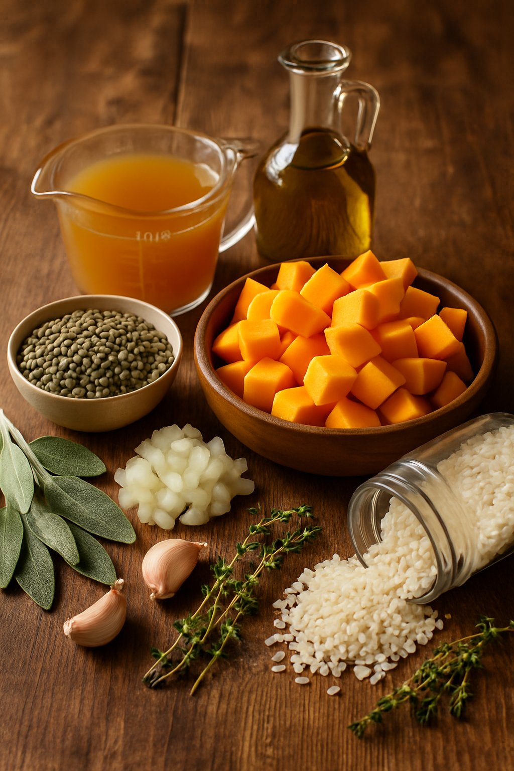 Fresh ingredients for Thanksgiving lentil and butternut squash risotto arranged on a wooden table, including butternut squash cubes, green lentils, rice, herbs, onions, garlic, olive oil, and vegetable broth.