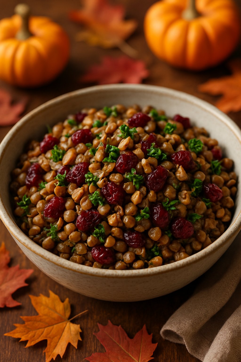 A bowl of lentil and cranberry pilaf garnished with parsley and nuts on a wooden table with autumn decorations.