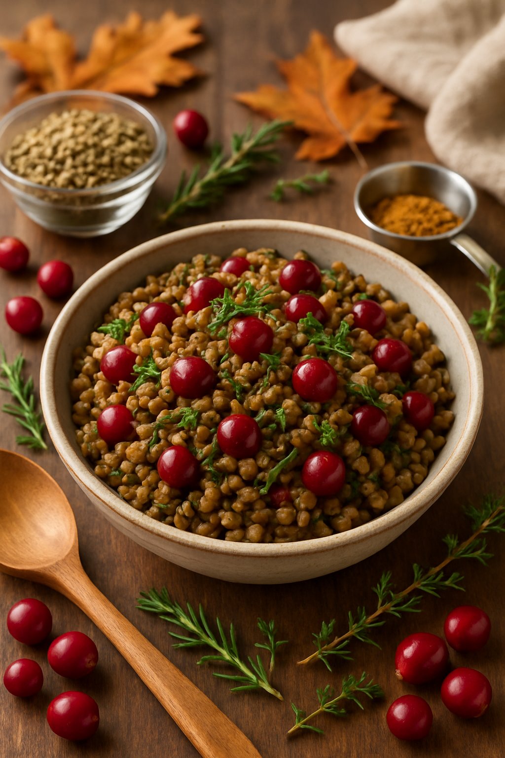 A bowl of lentil and cranberry pilaf on a wooden table surrounded by cooking ingredients and utensils.