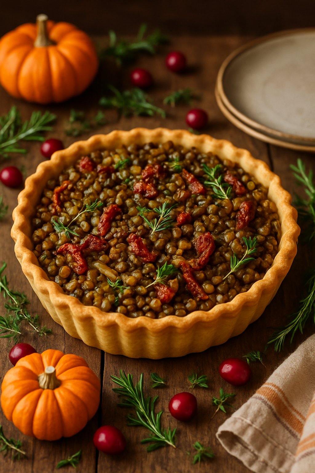 A freshly baked lentil and sun-dried tomato tart on a wooden table with autumn decorations around it.