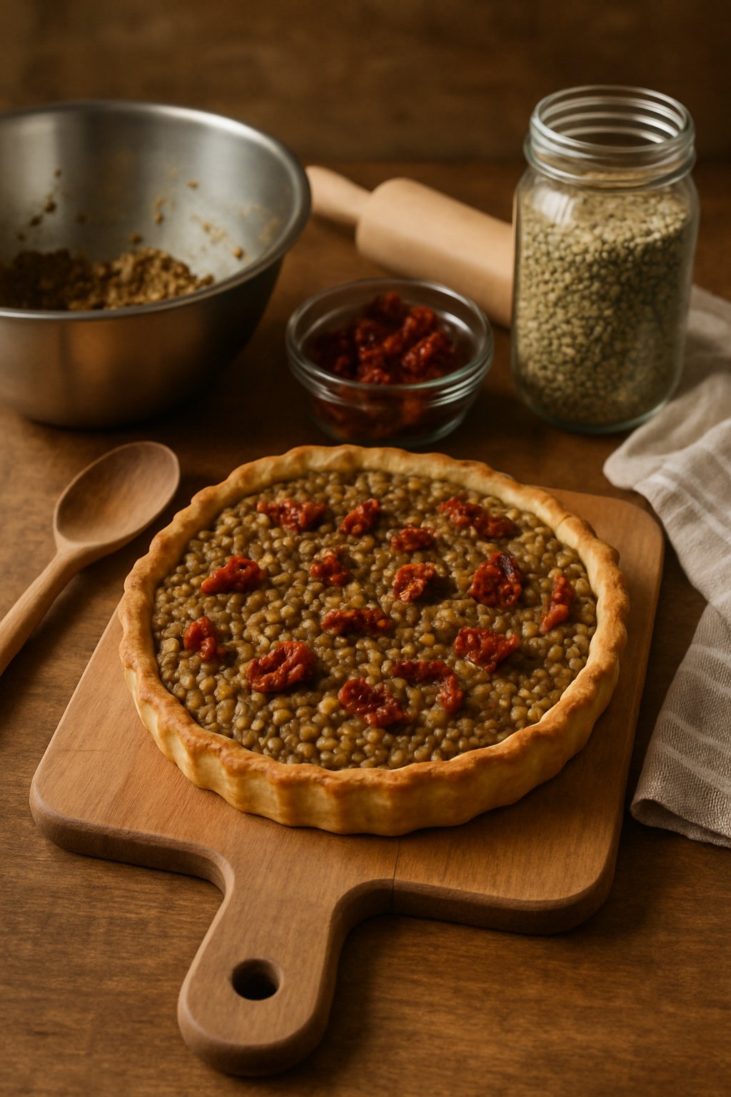 A freshly baked lentil and sun-dried tomato tart on a wooden board surrounded by cooking equipment and ingredients in a kitchen setting.