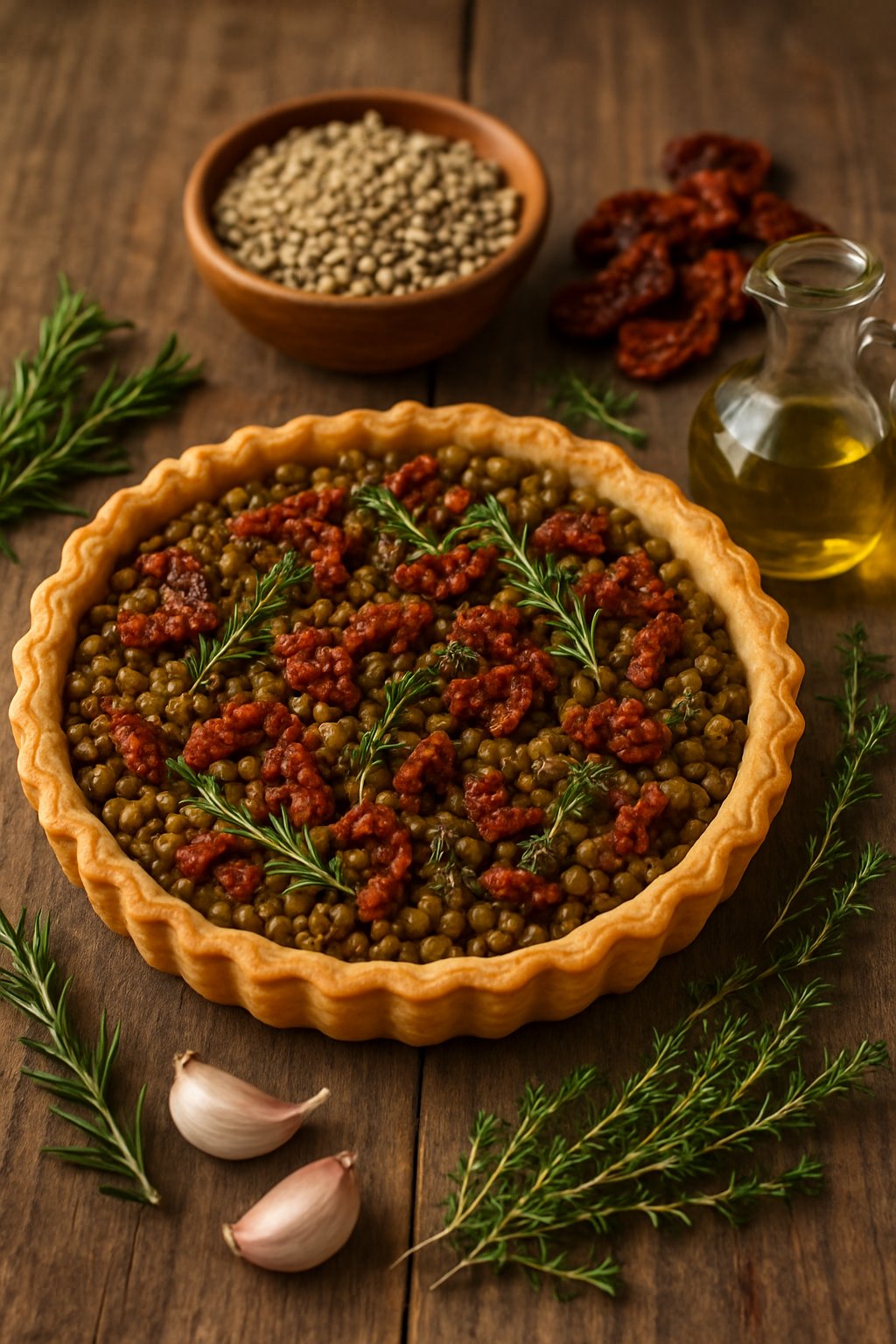 A freshly baked lentil and sun-dried tomato tart on a wooden table surrounded by lentils, sun-dried tomatoes, herbs, and garlic.