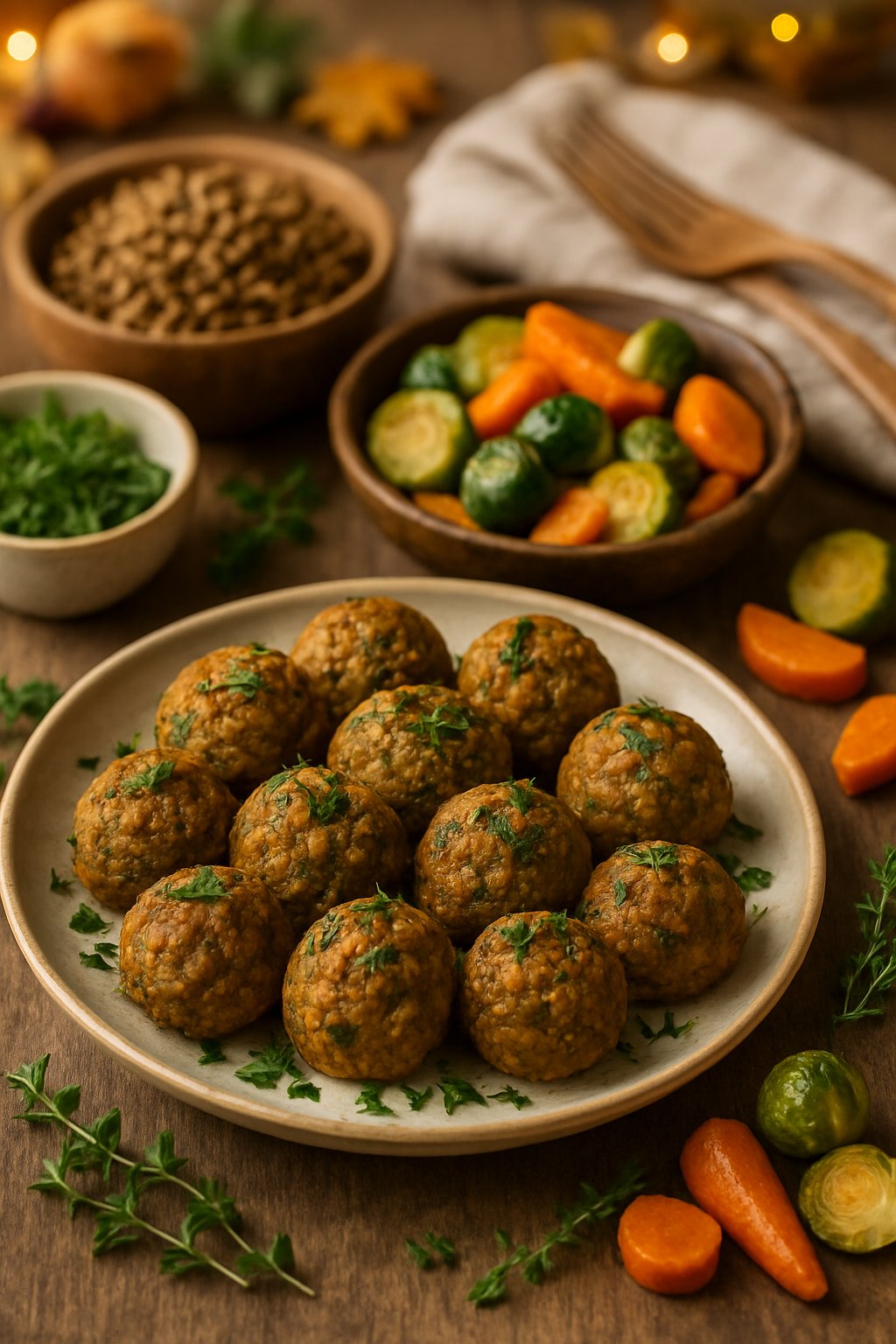 Plate of golden-brown lentil and herb veggie balls garnished with fresh herbs on a wooden table with bowls of lentils, herbs, and autumn vegetables around.