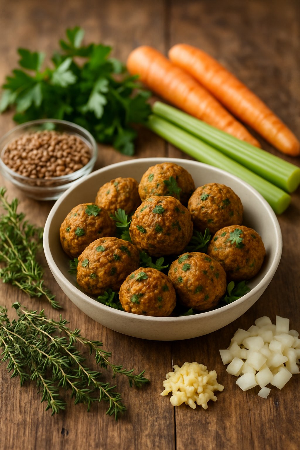 A bowl of golden-brown lentil and herb veggie balls on a wooden table surrounded by fresh herbs and vegetables.