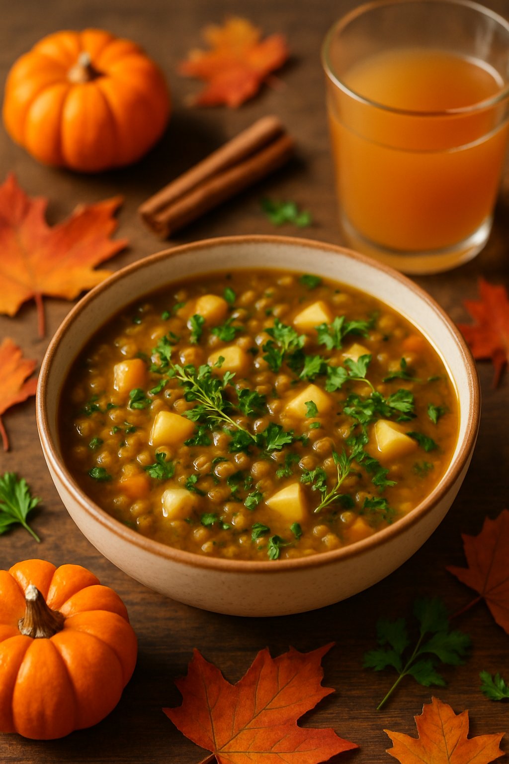 A bowl of lentil and apple cider soup on a wooden table with autumn decorations including pumpkins, fall leaves, and a glass of apple cider.