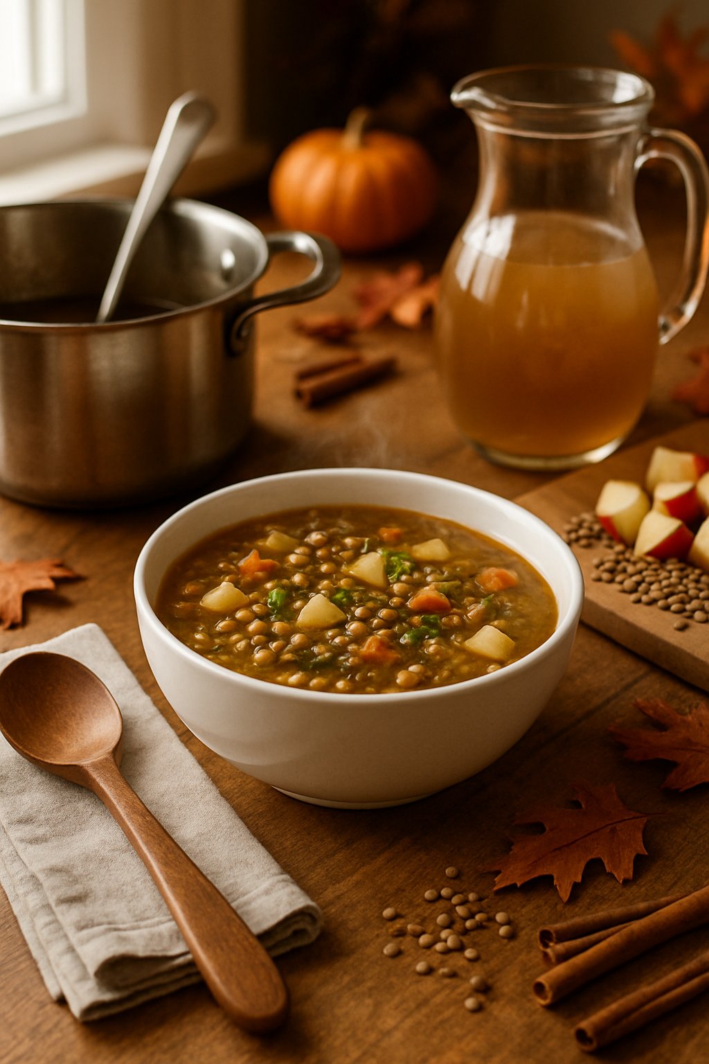 A bowl of lentil and apple cider soup on a wooden table surrounded by cooking equipment and autumn decorations.