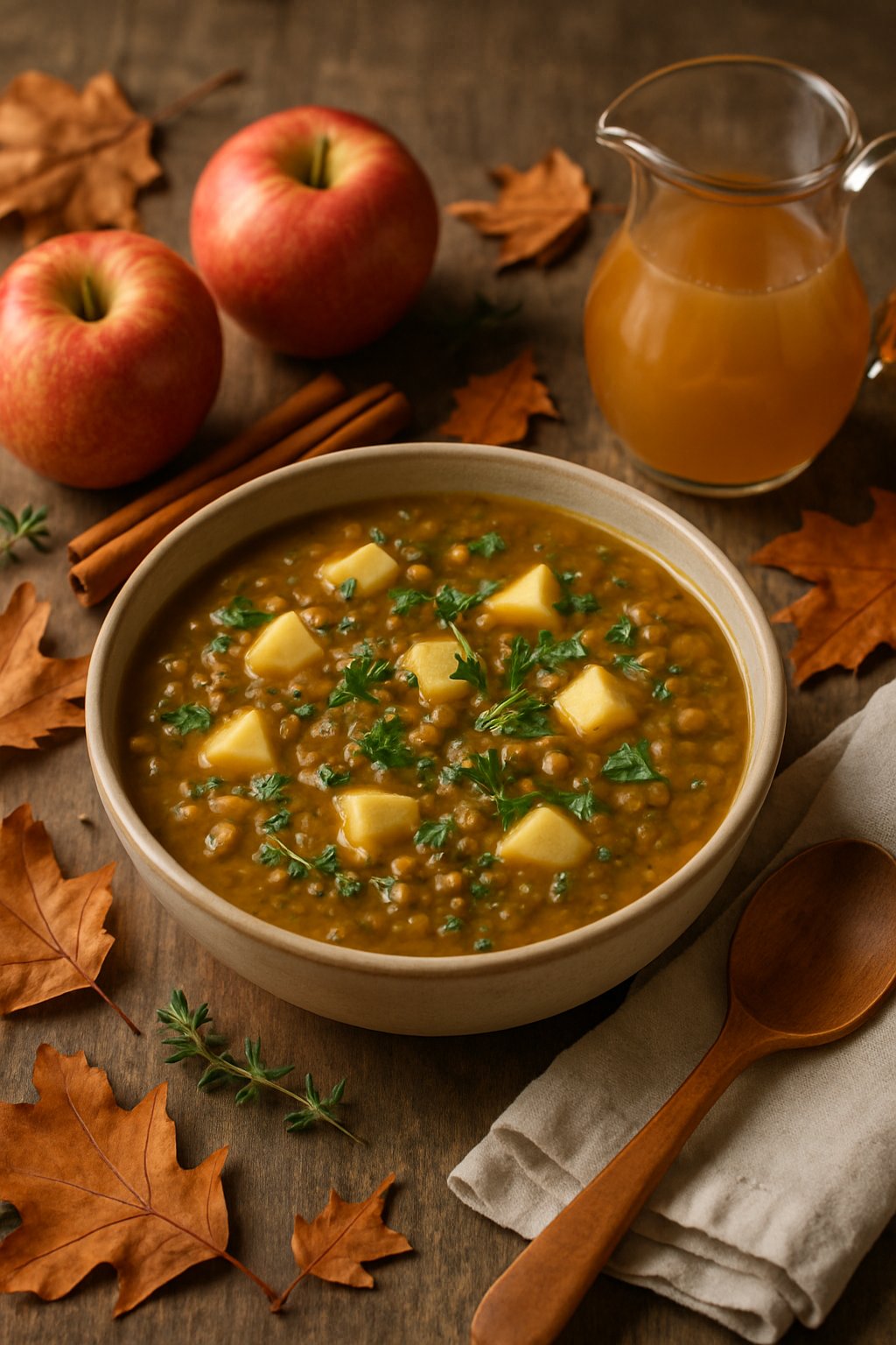 A bowl of lentil and apple cider soup on a wooden table surrounded by apples, cinnamon sticks, and autumn leaves.