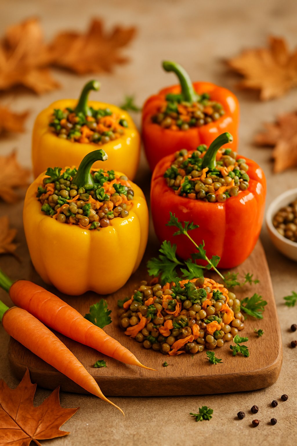 Close-up of bell peppers stuffed with lentils and shredded carrots, garnished with fresh herbs on a wooden board with seasonal autumn decorations around.