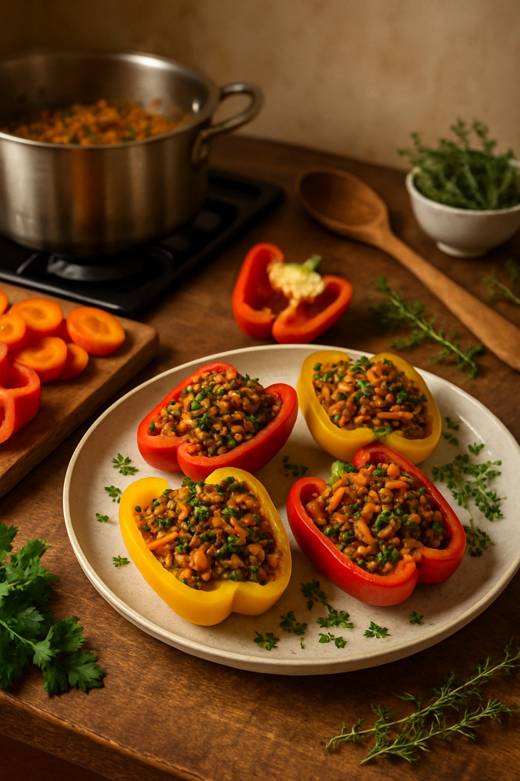 A plate of lentil and carrot stuffed bell peppers surrounded by cooking equipment and fresh ingredients in a kitchen setting.