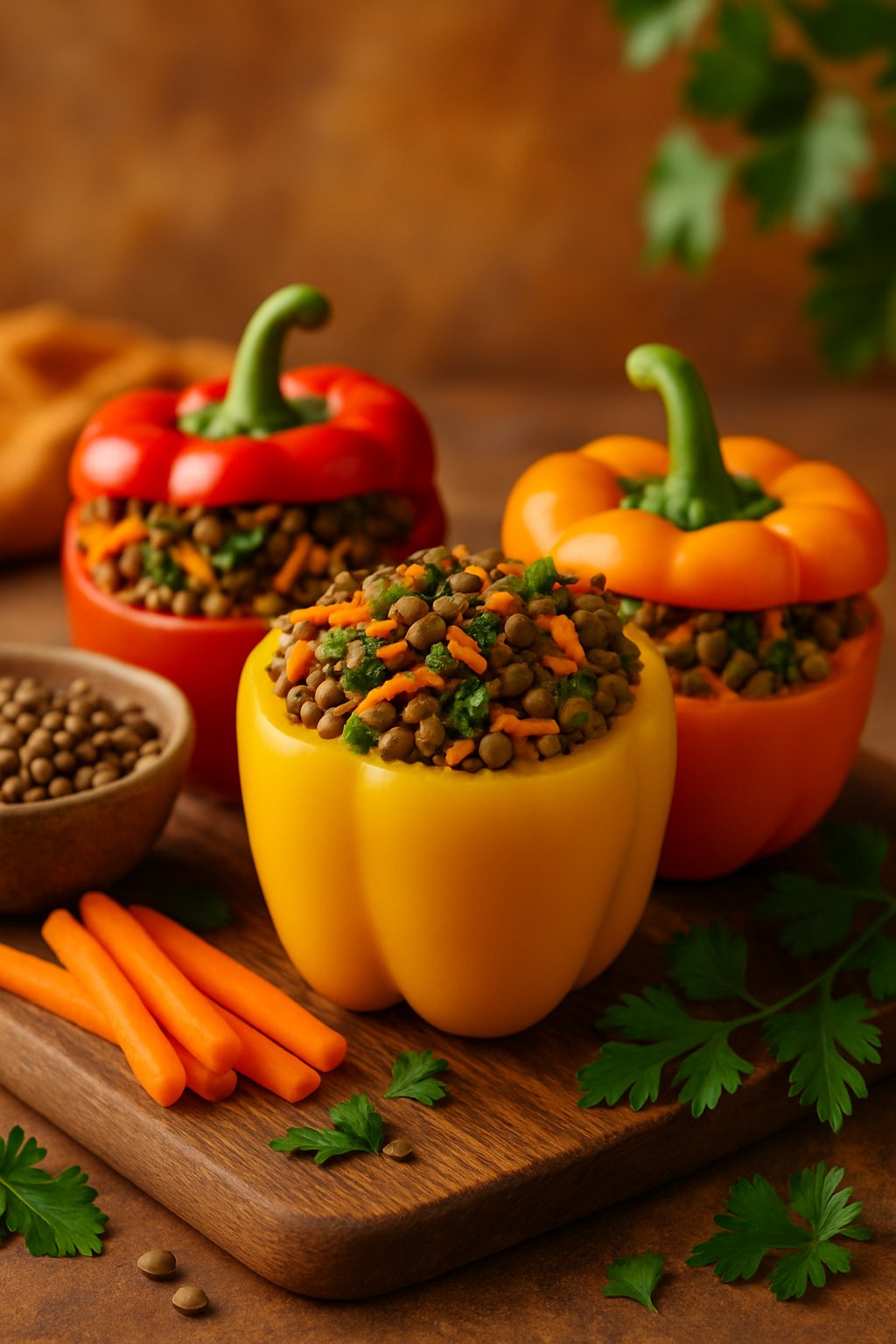 Three stuffed bell peppers filled with lentils and carrots on a wooden board surrounded by fresh carrots, lentils, and herbs.