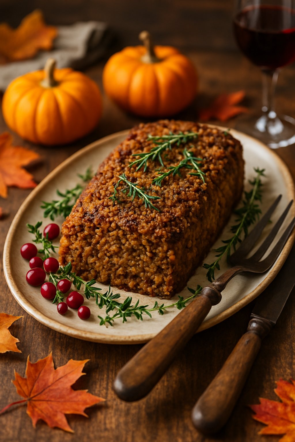 A golden brown lentil and hazelnut roast garnished with herbs on a wooden table surrounded by autumn decorations.