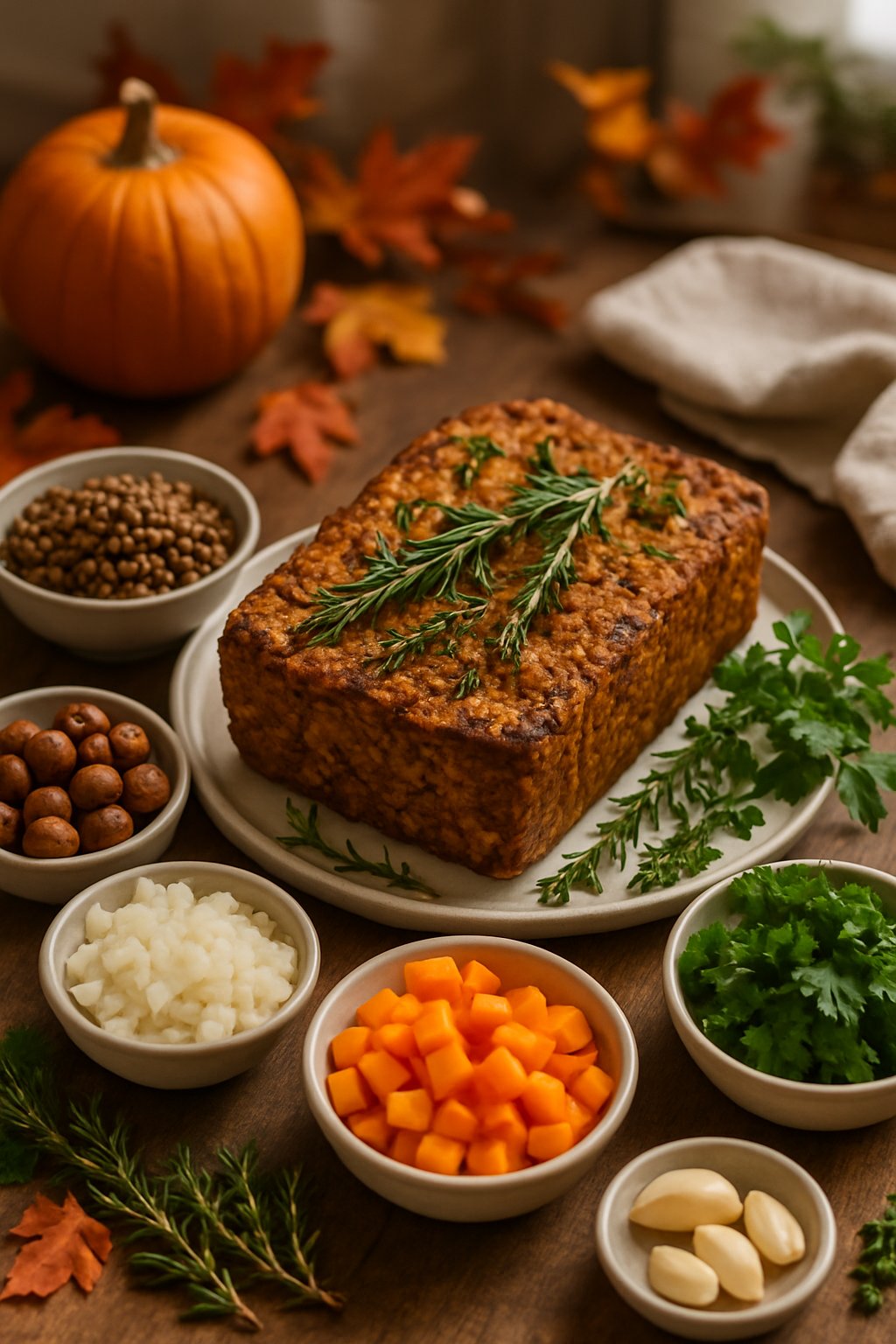 A lentil and hazelnut roast on a wooden table surrounded by bowls of lentils, hazelnuts, chopped vegetables, and fresh herbs.