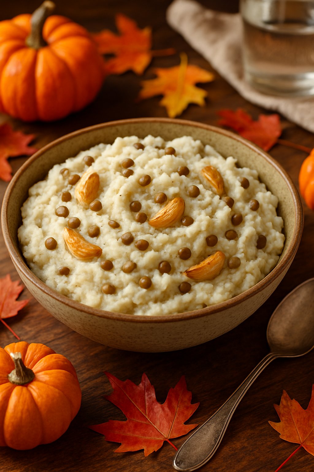 A bowl of mashed cauliflower with lentils and roasted garlic on a wooden table decorated with small pumpkins and fall leaves.
