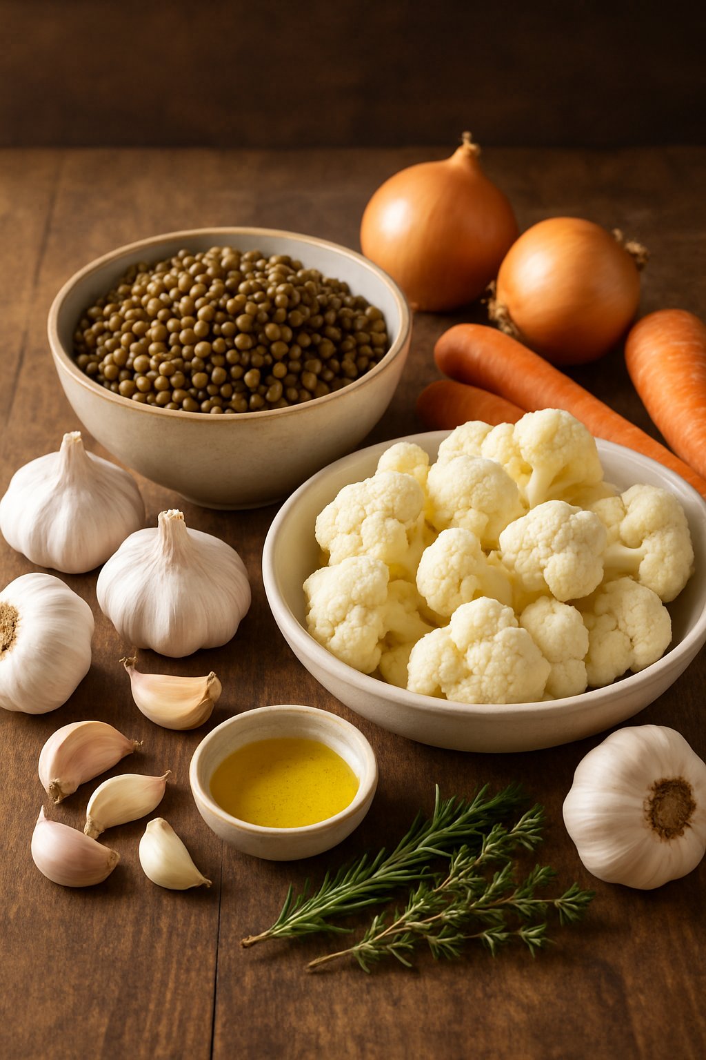 Fresh ingredients including lentils, cauliflower, garlic, olive oil, and herbs arranged on a wooden table.