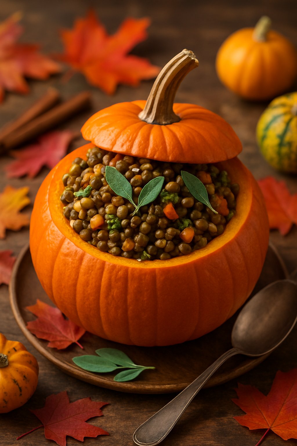 A hollowed-out pumpkin filled with lentil and sage stuffing on a wooden table with autumn leaves and small gourds around it.