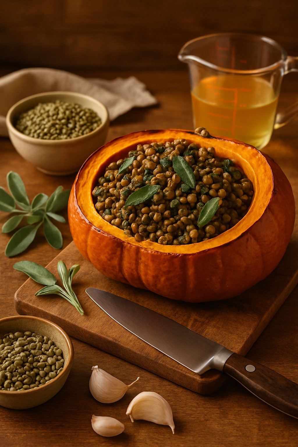 A halved pumpkin stuffed with lentil and sage filling on a wooden cutting board surrounded by cooking ingredients and utensils on a kitchen countertop.